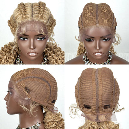 22" Box Braids Full Lace Wig | Two Curly Ponytails | Baby Hair | Synthetic Braided Wig