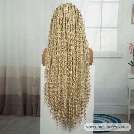 36 Inch Boho Knotless Box Braids Full Lace Wig | Transparent Lace Synthetic Braided Wig with Curly Ends