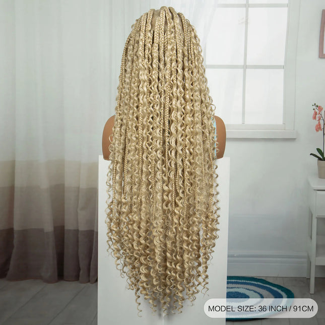 36 Inch Boho Knotless Box Braids Full Lace Wig | Transparent Lace Synthetic Braided Wig with Curly Ends
