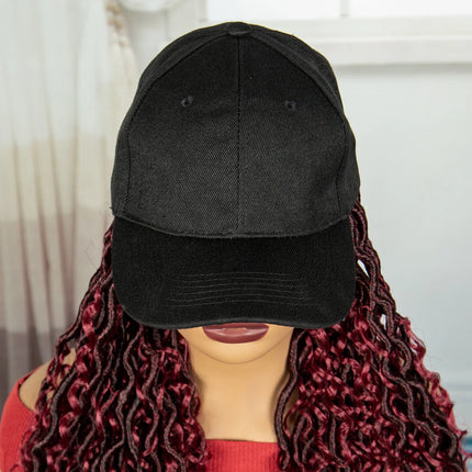 Burgundy Braided Hat Wig with Curly Ends | Knotless Braids | Adjustable Cap