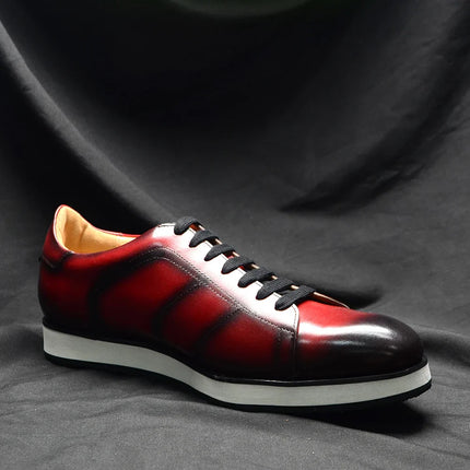 Men's Casual Dress Sneakers | Genuine Leather Hand-Painted Derby Skateboard Shoes (Black, Red)