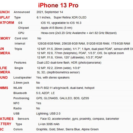 (refurbished) Apple iPhone 13 Pro 128/256/512GB/1TB ROM 6.1" Super Retina OLED RAM 6GB A15 IOS Face ID NFC 5G Smartphone