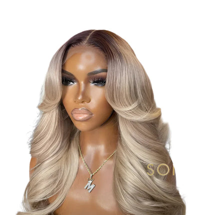 Ombre Ash Honey Blonde 13x6 Transparent Lace Frontal Wig | Dark Root Body Wave Human Hair