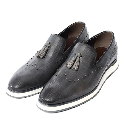 Top Grade Luxury Men's Genuine Leather Loafers | Original Stripe Rivets & Tassel Casual Flat Shoes