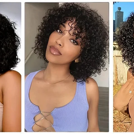 Highlight Honey Blonde Jerry Curly Pixie Bob Wig with Bangs | Full Machine Made Human Hair