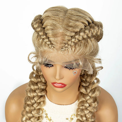 1B/30 Dark Brown Dutch Box Braids Wig | Synthetic Lace Frontal | Fishtail Braids | With Baby Hair | For Black Women