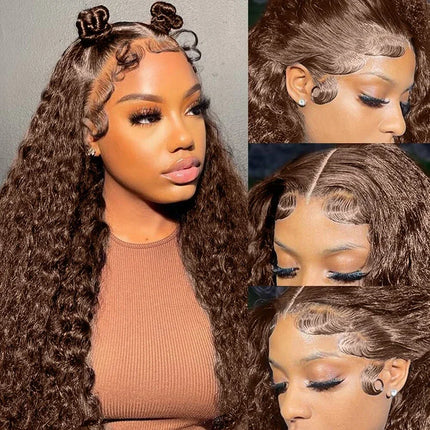 Chocolate Brown Deep Wave Frontal Wig | 13x4 HD Transparent Curly Lace Front Human Hair Wig (Bleached, Brazilian Brown Colored)