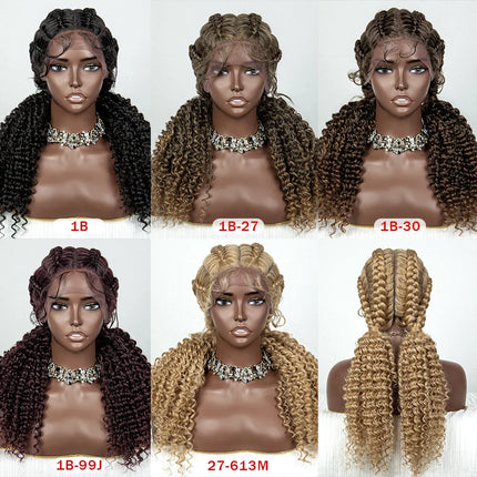 22" Box Braids Full Lace Wig | Two Curly Ponytails | Baby Hair | Synthetic Braided Wig