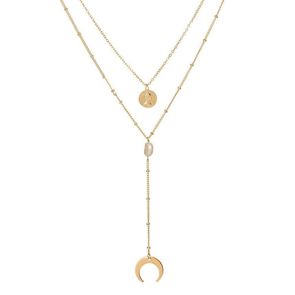 Two Layer Necklace with Moon and Gypsy Coin