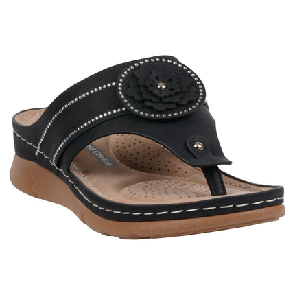Women's Vickie Black Flower Thong Flat Comfort Sandals