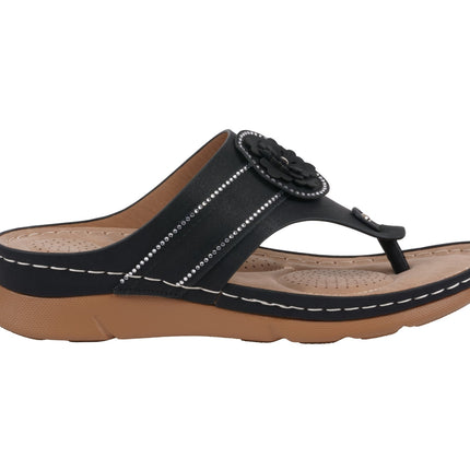 Women's Vickie Black Flower Thong Flat Comfort Sandals