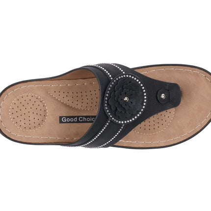 Women's Vickie Black Flower Thong Flat Comfort Sandals