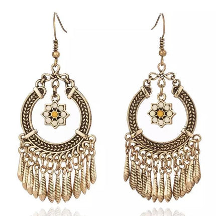 Vintage Indian Flower Tassel Boho Dangle Earrings