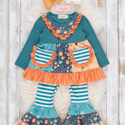 Cobalt & Orange Floral Stripe Bell Bottoms Outfit