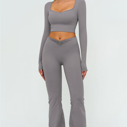 The Lushness Long Sleeve Crop Top Flared Leggings 2-Piece Set