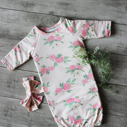 Floral Print Gown with Matching Hair Bow