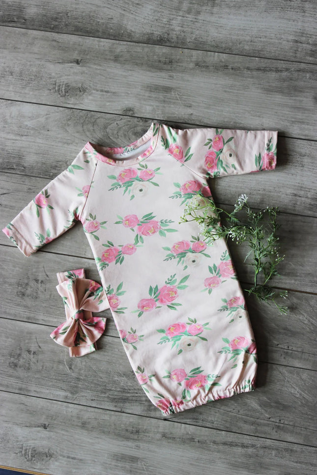 Floral Print Gown with Matching Hair Bow