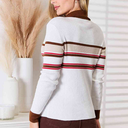 Basic Bae Striped Collared Neck Rib-Knit Women Top