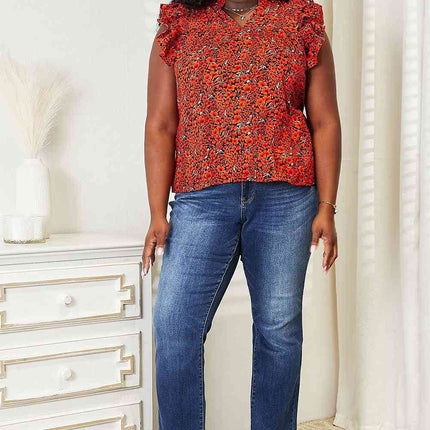 Double Take Floral Flutter Sleeve Notched Neck Women Blouse