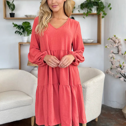 Garden Naked Women's Casual Dress Babydoll Tiered Dress with Pockets Long Sleeve Ruffle Hem Soft Cotton Blend Loose Fit