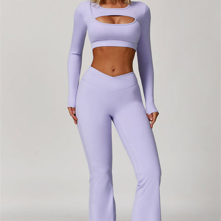 The Lavish Long Sleeve Cut-out Crop Top Flared Leggings 2-Piece Set