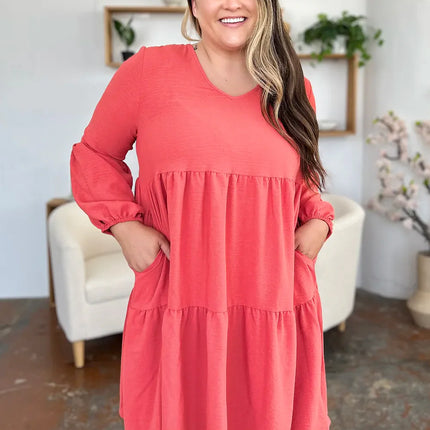 Garden Naked Women's Casual Dress Babydoll Tiered Dress with Pockets Long Sleeve Ruffle Hem Soft Cotton Blend Loose Fit