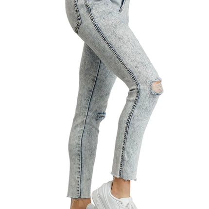 5-Pockets Distressed Detail Stretch Denim Skinny Jeans with Unfinished Hem