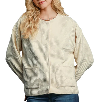 Garden Naked Womens Casual Bomber Jacket Quilted Diamond Pattern Oversized Outerwear Round Neck Long Sleeve Cream White