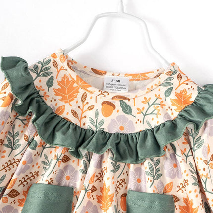 2025 NEW Green Pocket Floral Print Ruffle Baby Girl Romper