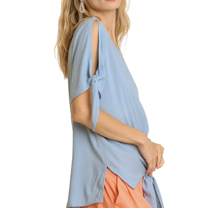 Womens Casual Blouse Elegant Tie Sleeve Top Minimalist Chic Office Professional Dusty Blue Loose Fit