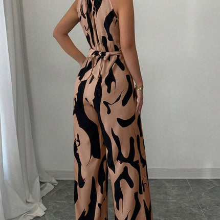 Abstract Print Sleeveless Wide Leg Jumpsuit