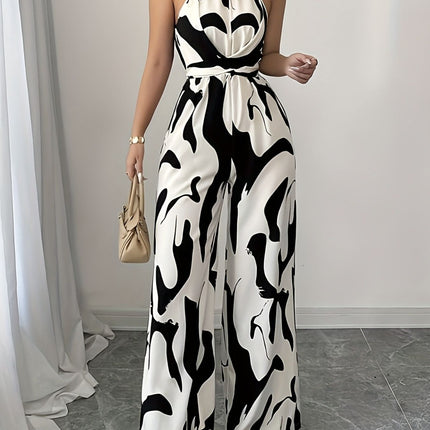 Abstract Print Sleeveless Wide Leg Jumpsuit