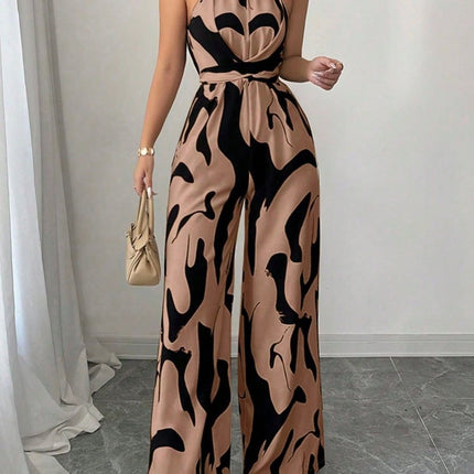 Abstract Print Sleeveless Wide Leg Jumpsuit