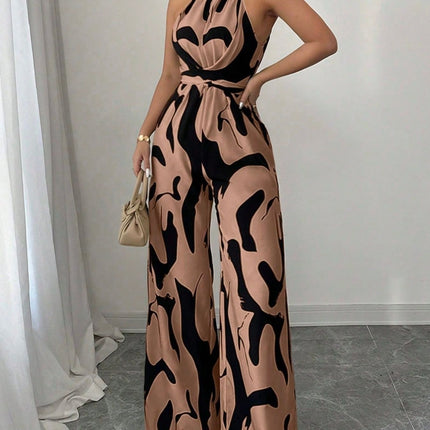 Abstract Print Sleeveless Wide Leg Jumpsuit