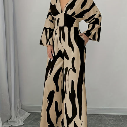 Abstract Print V-Neck Wide Leg Jumpsuit