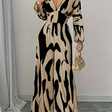 Abstract Print V-Neck Wide Leg Jumpsuit