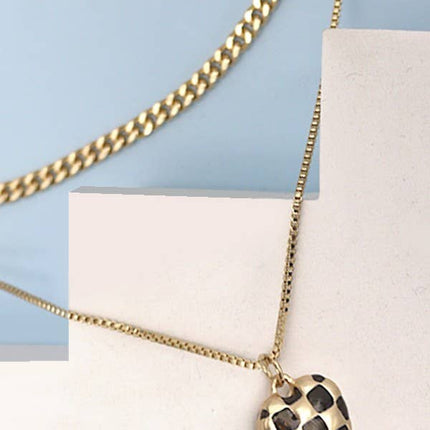 MULTI LAYER CHECKER HEART CHARM  NECKLACE | 80N780