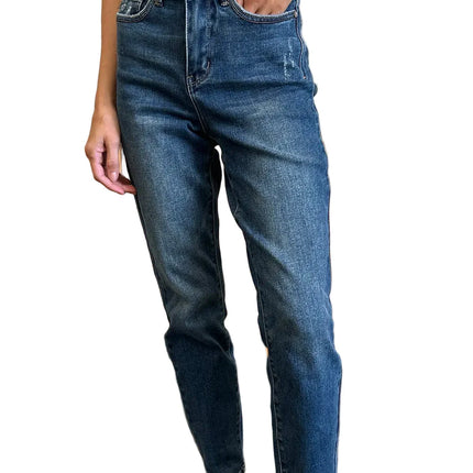 Womens Plus Size High-Waisted Skinny Jeans in Medium Blue Denim with Full Length, Button and Zipper