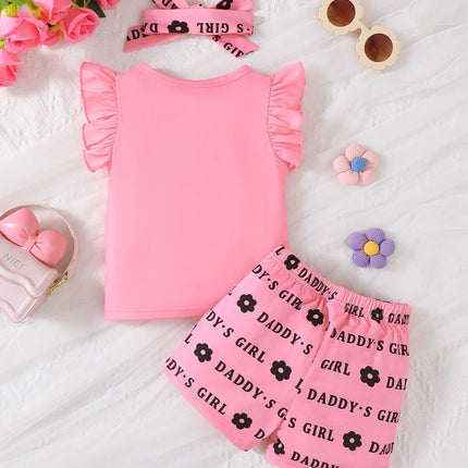Children's Headband Letter Ruffle Sleeve Top and Shorts 3-Piece Set