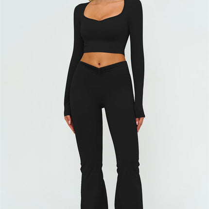 The Lushness Long Sleeve Crop Top Flared Leggings 2-Piece Set
