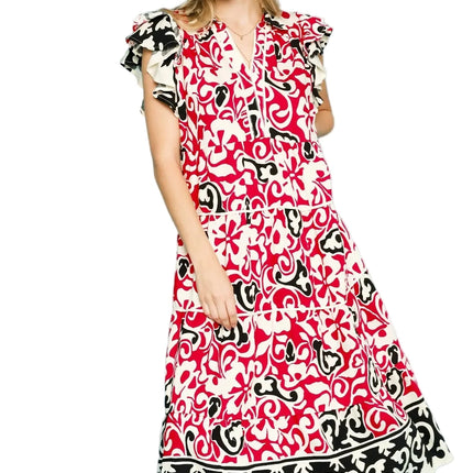 Printed Ruffled Cap Sleeve Midi Dress