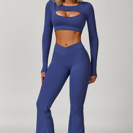 The Lavish Long Sleeve Cut-out Crop Top Flared Leggings 2-Piece Set