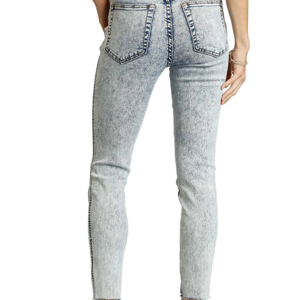 5-Pockets Distressed Detail Stretch Denim Skinny Jeans with Unfinished Hem