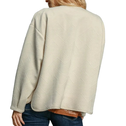 Garden Naked Womens Casual Bomber Jacket Quilted Diamond Pattern Oversized Outerwear Round Neck Long Sleeve Cream White