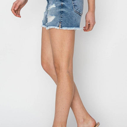RISEN Stepped Waist Frayed Denim Women Shorts