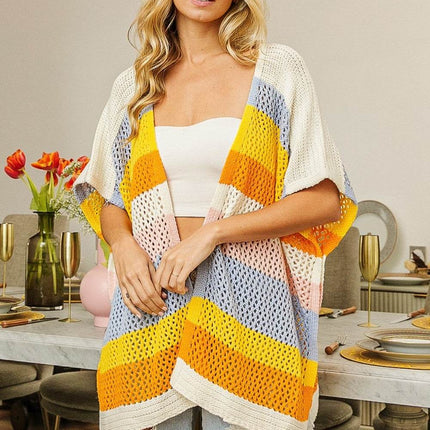 BiBi Openwork Striped Open Front Knit Women Cardigan