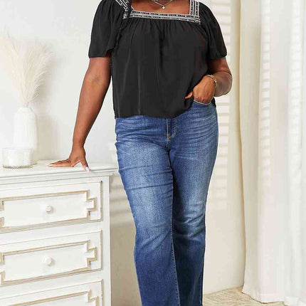 Double Take Contrast Square Neck Puff Sleeve Women Blouse