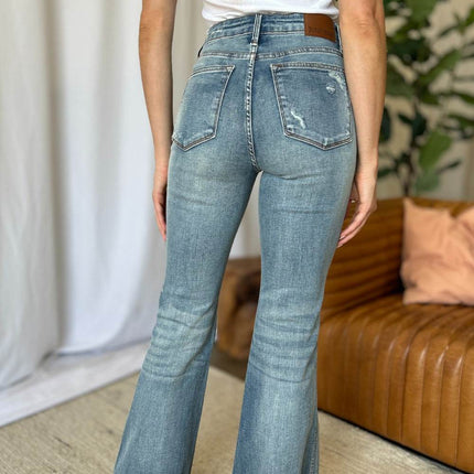 Judy Blue Full Size Medium Rise Tummy Control Destroy Flare Women Jeans