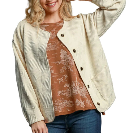 Garden Naked Womens Casual Bomber Jacket Quilted Diamond Pattern Oversized Outerwear Round Neck Long Sleeve Cream White