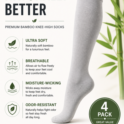 Women’s Bamboo Knee-High Socks 4-Pack – Soft & Breathable